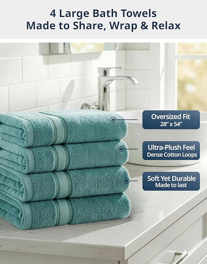Lane Linen 100% Cotton Bath Towels 4 Pack (28"x54") - Zero Twist, Premium Cotton Large Towels Set for Bathroom - Quick Dry, Soft & Absorbent Large Bath Towel Set - Oeko Tex Certified, Pre Shrunk- Teal
