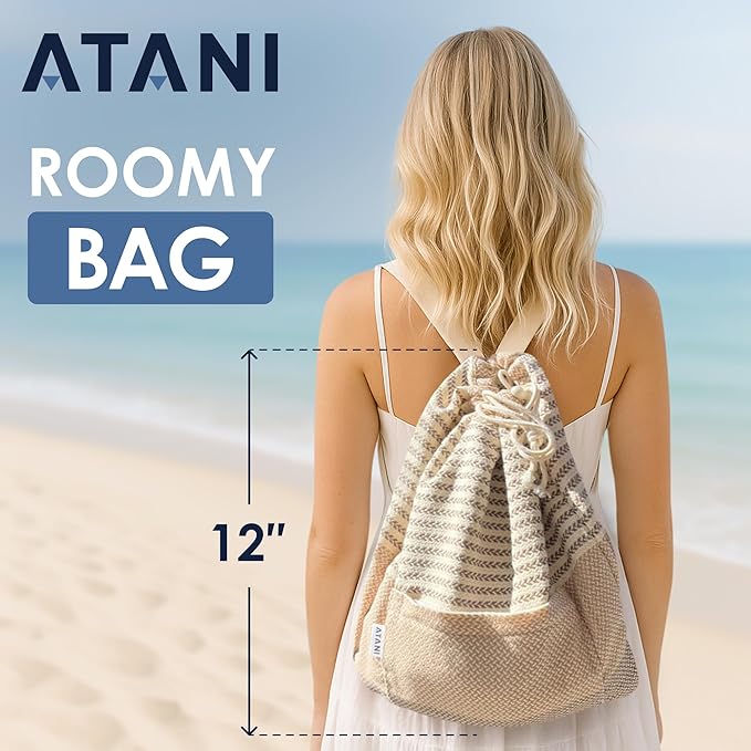ATANI Turkish Beach Towel (71x39 Inches), Converts to a Bag, Oversized 100% Cotton Bath Towels Lightweight Quick-Dry Beach Blanket for Travel, Picnic, Camping, Yoga and Pool (Brown)