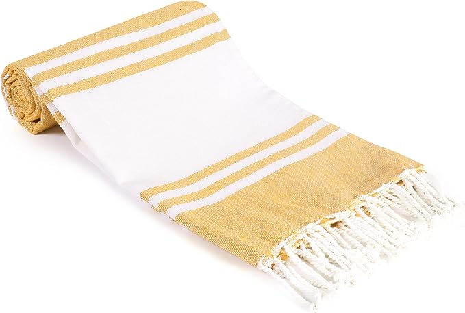 Goroly Home Cotton Turkish Peshtemal Beach Towel, Extra Large, Thin Quick Dry Sand Free Pool & Swim Towel, Bathing Blanket, Travel Essentials, (Mustard, 36x71 Inches)