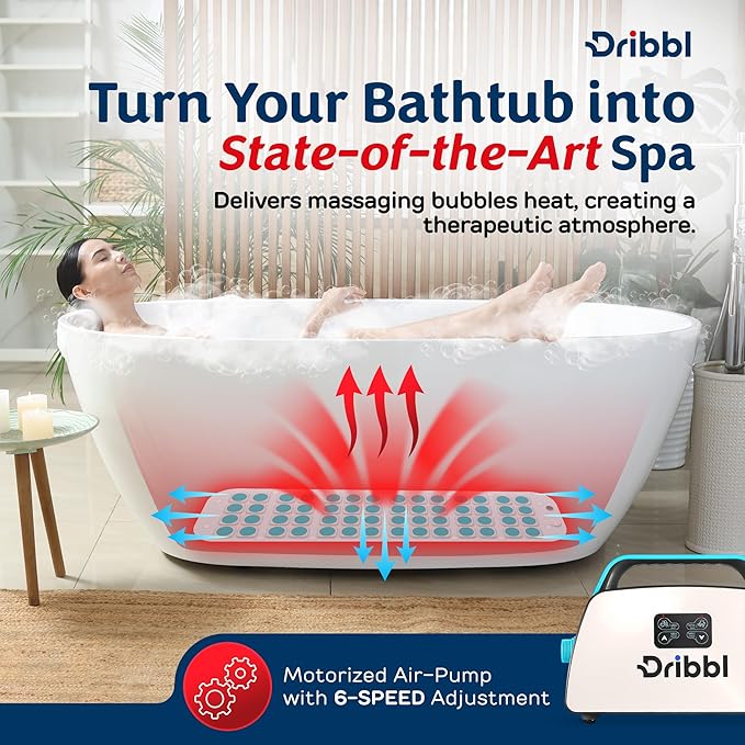 Dribbl Electric Bubble Massage Bathtub Mat – Non-Slip Full-Body Waterproof Hot Tub Spa Mat for Bath with Heater, Motorized Air Pump, and Remote Control, 6-Speed Adjustable Massage, Aqua
