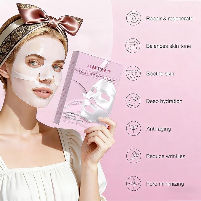 8 Pack Collagen Face Mask for Women, Hydrating Hydrogel Sheet Mask for Skin Elasticity & Pore Minimizing, Face Mask Skincare, Self Care Gift Set