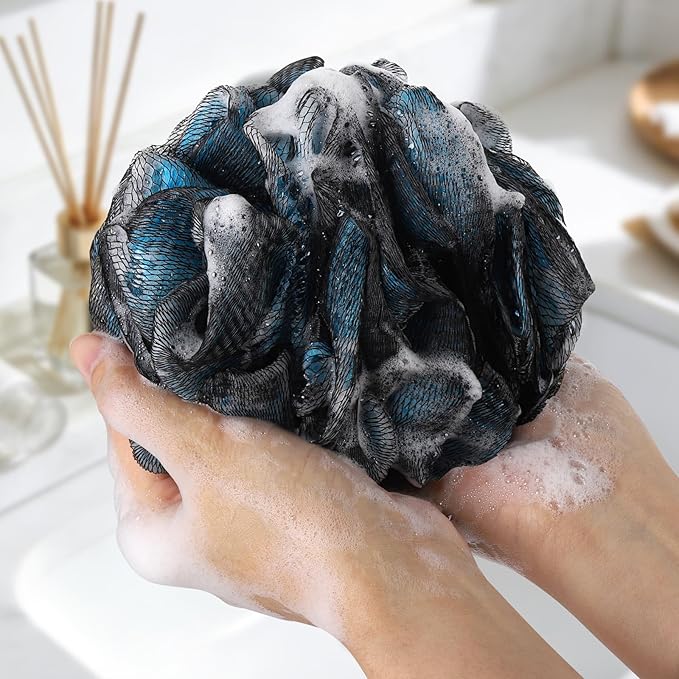 75g/Piece Loofah Bath and Shower Sponge Pouf, Mesh Bath Sponge Exfoliating Body Scrubber Ball Pack of 4, Large