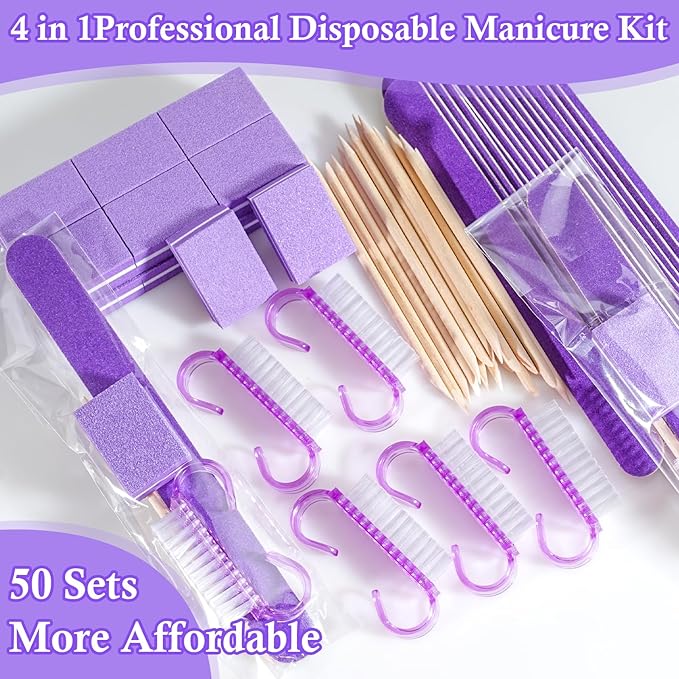 50 Sets Disposable Manicure Kit Basics 4 Piece Nail Kit for Travel,Handle Grip Brush,Mini Nail Buffer Nail File and Wood Stick for Gifts Salon Home Professional(50 Set -Purple)