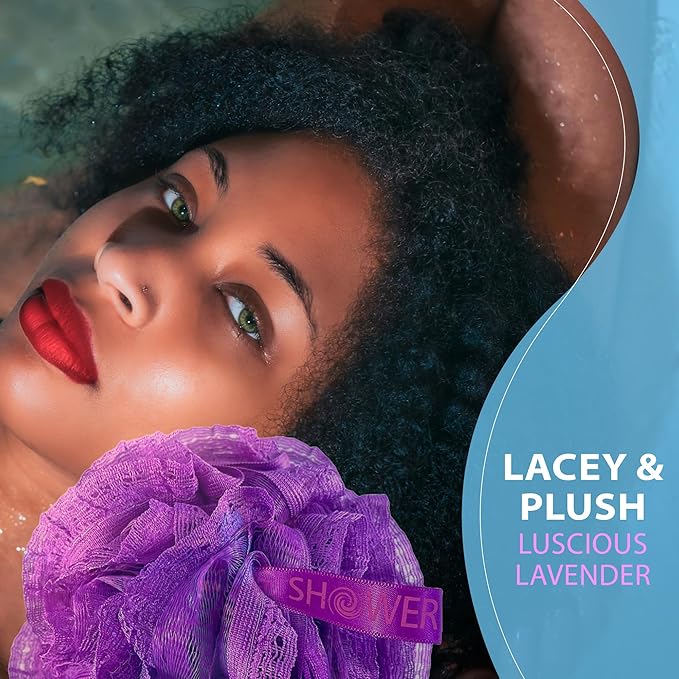 Loofah-Bath-Sponge Hot-Lacey-Mesh // 4-Steamy-Lace-Colors by Shower Bouquet / 2-Scrubs-in-1 Large Full 60g Pouf Body Luffa Loofa Loufa Puff - Exfoliate, Cleanse Skin with Luxury Bathing Accessories