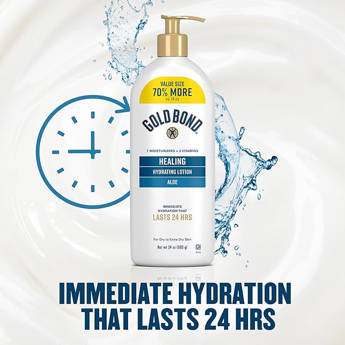 Gold Bond Healing Hydrating Body Lotion with Aloe, Moisturizer for Dry to Extra Dry Skin, 24-HR Hydration to Soothe & Comfort, Non-Greasy, Dermatologist-Tested, Light Scent, 24 Oz Family Size Pump