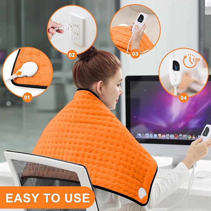 Deepsoon Heating Pad,Electric Heating Pads for Back,Neck,Moist Heating Pad for Abdomen Shoulder Knee Legs,Dry/Moist Heat&Auto Shut Off,Mother's Day Birthday for Men and Women,Orange Black,33x17 Inch