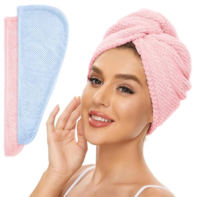 SimpleField 2 Pack Microfiber Hair Towel Wrap for Women, Anti Frizz Quick Drying Hair Turban for All Hair Style, Absorbent and Lightweight (Blue+Pink)