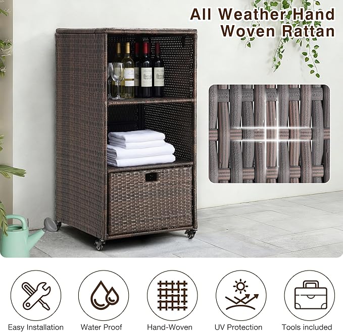 HOMREST Outdoor Pool Towel Rack with Storage Cabinet, Waterproof PE Rattan Wicker Poolside Towel Organizer with Shelves & Drawer, Rolling Wheels Towel Valet Caddy for Patio, Hot Tub, Spa,Brown