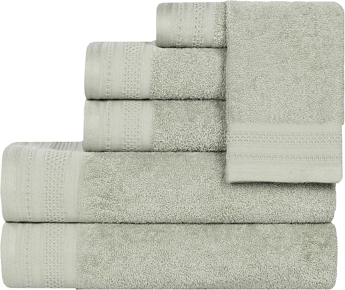 Superior Honeycomb Cotton Medium Weight Towels, for Guest Bath, Master Bathroom, Shower, Quick Dry, Adults, Home Essentials, Textured Waffle Border, Assorted Towel Set, 6 Piece Towel Set, Sage