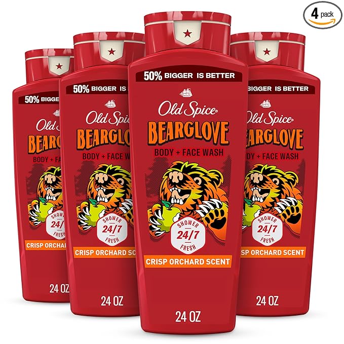 Old Spice Cleansing Body Wash for Men, 3X Defense, 24/7 Shower Fresh with Lasting Scent, 2-in-1 Body & Face Wash, Bearglove with Crisp Orchard Scent, 24 oz (Pack of 4)