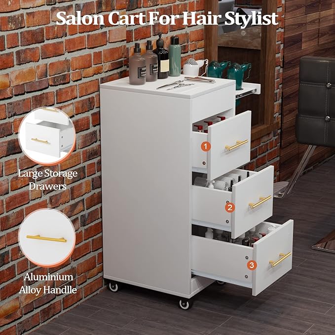 Wood Salon Trolley with Wheels - Mobile Storage Organizer for Hair Stylist, Barbershop & Spa