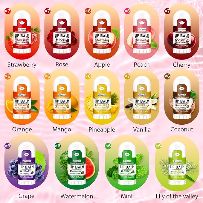 Yopela 88 Pack Mini Lip Balm Bulk, Natural Lip Balms with Vitamin E and Coconut Oil, Moisturizing and Nourishing Dry Cracked Lips,14 Flavors Chap sticks Small Gift Party Favors for Kids Adults