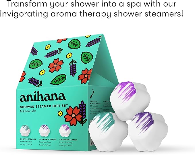 ANIHANA Shower Steamers Mellow Me 3 Pack Gift Set with Essential Oils, Paraben Free, Mint Refresher, Lavender Love, Floral Fantasy, 1.76 oz Each