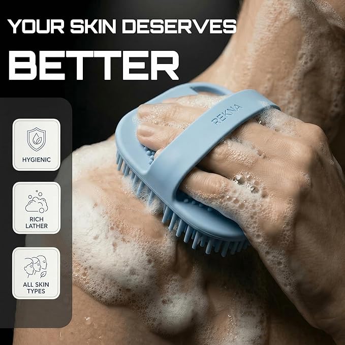 Silicone Body Scrubber for Shower - Exfoliating Body Brush with Non-Slip Grip - Durable Loofah Alternative - Soft Bristles for Gentle Cleansing, High Lather & Quick Drying, Blue