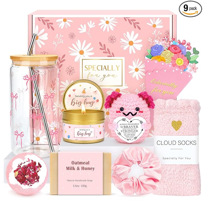 Gift Baskets for Women Unique Birthday Gifts for Women Self Care Cheer Up Gifts Set Pick Me Up Gift Box for Woman Teen Girls Best Friend Sister Ladies Friendship Her - Inspirational Pink Present