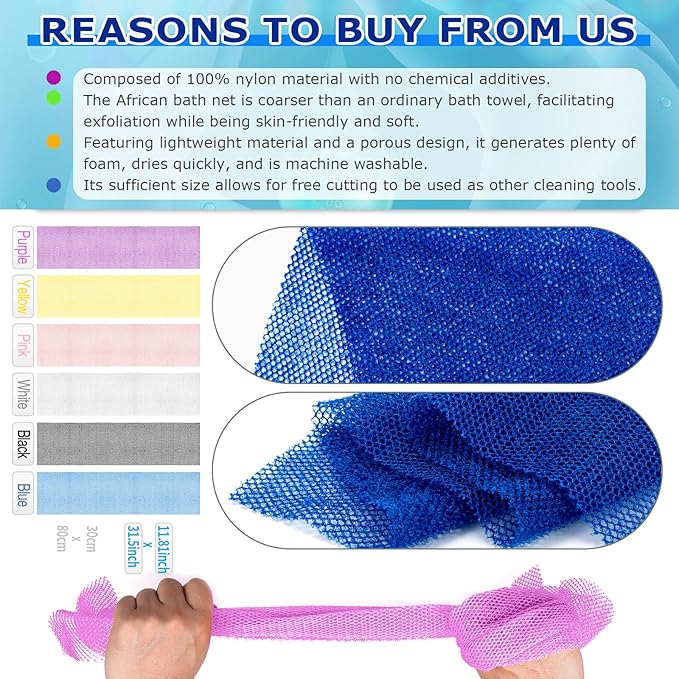 6 Pieces African Net Sponge Authentic Exfoliating Washcloth, Quick-Drying African Exfoliating Net for Smooth, Glowing Skin & Full Body Scrubbing(Yellow Pink Purple Black Blue White)