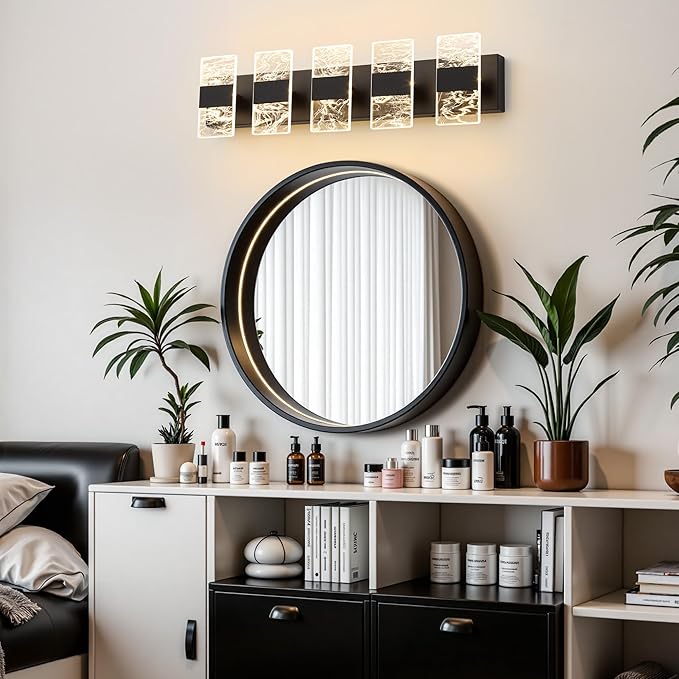 Modern LED Bathroom Light Fixtures Dimmable 5-Light Black Vanity Light,5CCT Adjustable Lighting Fixture Vanity Lights Over Mirror, Smoked Acrylic LED Vanity Lights for Bathroom