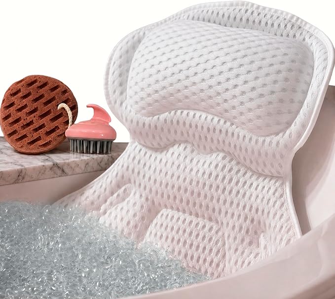Bath Pillow for Tub Spa Gift Set for Women Luxury Bathtub Pillow for Neck & Back Support Soft 4D Mesh Non-Slip Suction Cups Relaxing Bath Accessories Spa Bath Sponge & Massage Brush