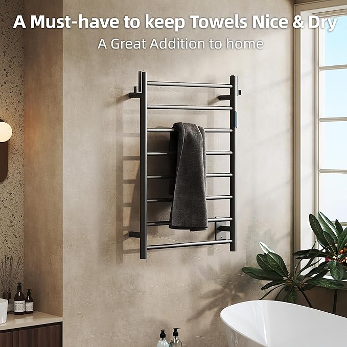 P&Dlusir Towel Warmer, Heated Towel Rack with Smart Timer and Thermo Control, Wall-Mounted Heated Towel Rail, Stainless Steel, Hard-Wired/Plug-in, Matte Black, 8 bar