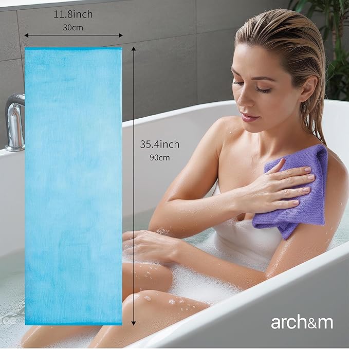 ARCH&M Exfoliating Washcloth Body Scrubber - 35-Inch Japanese & Korean-Style Back Scrubber Towel for Daily Use in Shower, Textured Poly Nylon Body Washcloth for Smoother-Looking Skin, Quick-Dry 3 Pack