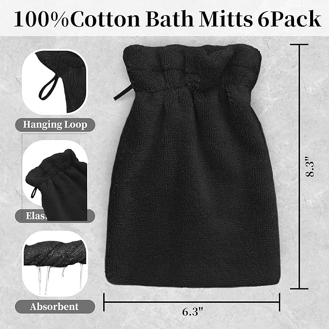 VOOVA & MOVAS Black Washcloths for Body 6PC, 8.3"x6.3" - 100% Cotton,Soft Absorbent Bath Mitt Wash Cloths with Hanging Loop, Bath Mitts for Shower