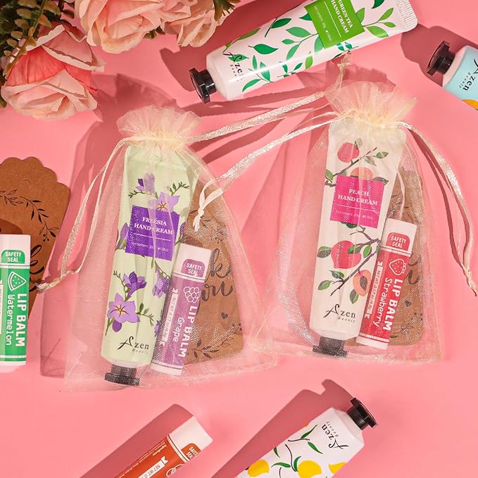 AZEN 30 Sets Bulk Gifts, Hand Cream and Lip Balm Bulk Set with Organza Bag Thank You Card, Baby Shower Wedding Gift for Guests, Bridal Wedding Favors for Guests, Mothers Day Gifts Stocking Stuffers