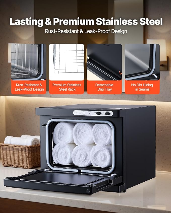 VEVOR Hot Towel Warmer, 8L Small Towel Warmer Cabinet with Clip & Stainless Steel Rack, Holds up 12 Towels, Portable All-Round Heating Cabinet for Spa, Barber, Manicures, Massage, Salon, Black