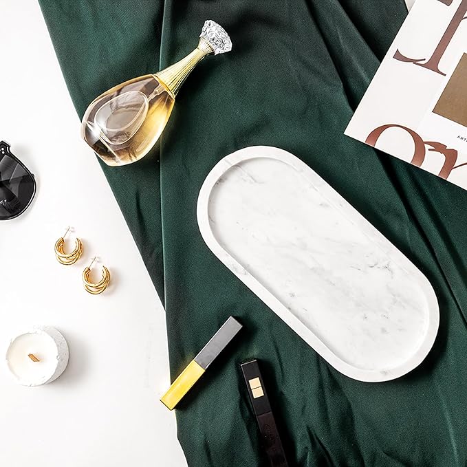 WORHE Natural Marble Vanity Tray Italy Oval Stone Trays for Candles Perfume, Decorative Jewelry Dish for Small Items, Countertop Storage Organizer for Home Bathroom Kitchen Matte Surface White (BH101)