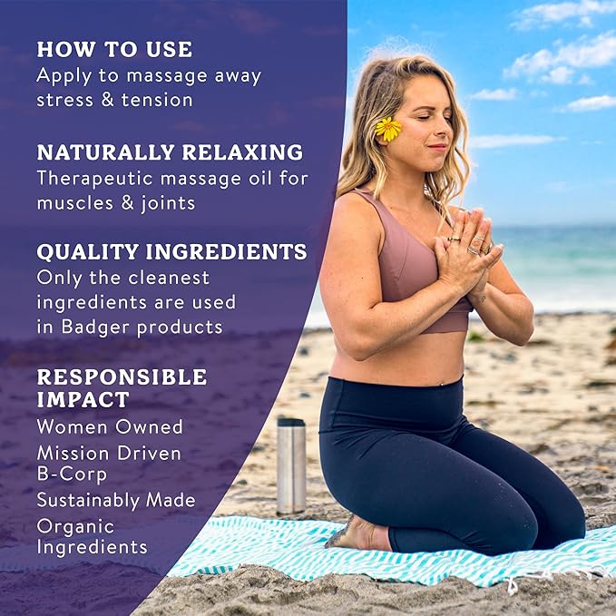 Badger Lavender Massage Oil, 100% Organic Massage Oil, Relaxing & Moisturizing Pure Aromatherapy Oils of Lavender, Bergamot & Balsam Fir, 4 fl oz Glass Bottle