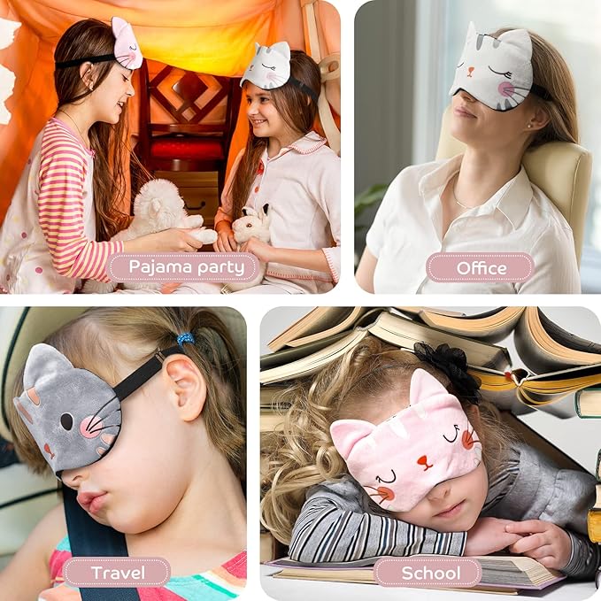 Haysandy 3 Pieces Sleep Mask for Kids Girls Cute Cat Sleeping Eye Cover Soft Mask Comfortable Funny Animal Night Eye Blindfold Cover for Kids Girls Women Home Travel(Cat)