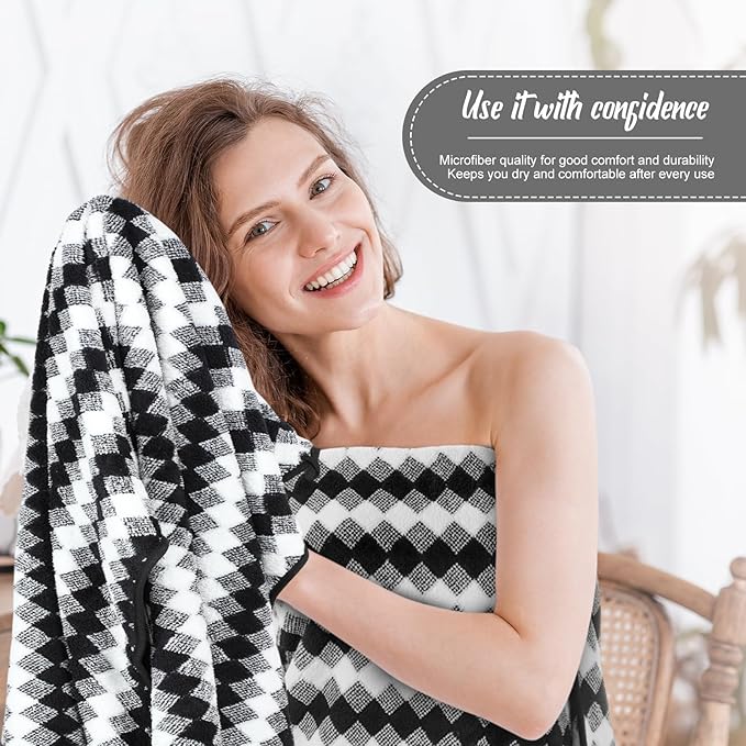 SmoothNovelty 16 Pack Microfiber Bath Towels Bulk 27'' x 60'' Oversized Size Bath Towel Highly Absorbent Extra Large Soft Drying for Beach Shower Summer Salon Sport Gym Party (Grid,Black)