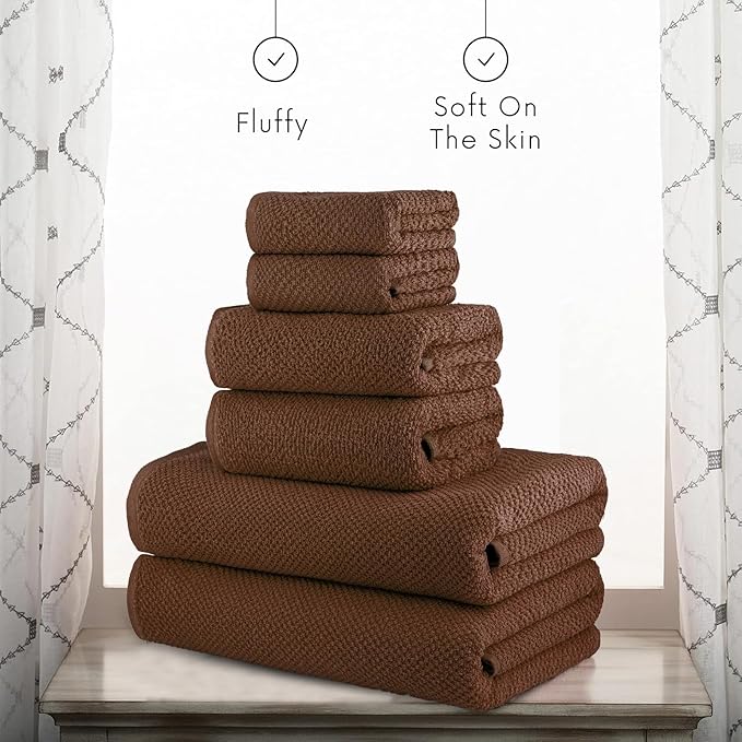 CASA COPENHAGEN EcoPop 6Pcs 100% Cotton Large Designer Towels Gift Set- Toffee, 550 GSM, 2Bath 2Hand 2Washcloths, Bath Towels for Bathroom Set for Women & Men