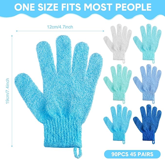 Cuffbow 90 Pcs 45 Pairs Exfoliating Double Sided Bath Gloves with Hanging Loop Colorful Body Shower Gloves for Men Women Beauty Spa Massage Clean Shower Skin Bathing Scrubber Accessories(Blue)