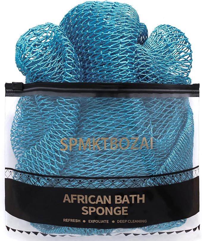 SPMKTBOZAI African Net Sponge Authentic, Loofah Exfoliating Body Scrubber Bath Sponge, African Exfoliating Net Sponge Back Scrubber Washcloth for Shower, Body Care Bathing Accessories (Sky Blue)