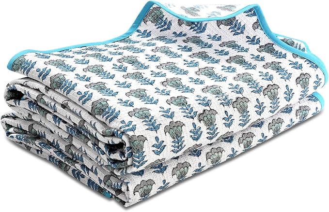Ridhi Block Print Aquamarine Blue Cotton Spa Towel 27"x54" Set of 2 Handmade Bath Towel, Quick Dry Turkish Style Bath Sheet, Soft Absorbent Luxury Towel for Home, Gym & Spa, Boho Bathroom Decor