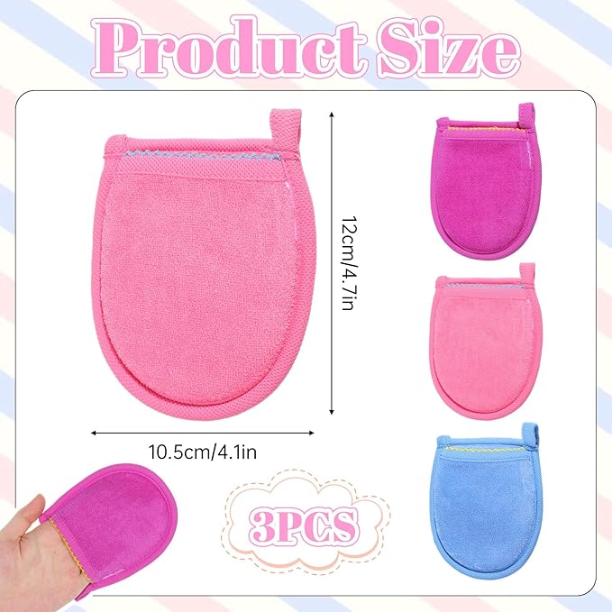 3 Pcs Exfoliating Facial Scrubber Mitt, Face Deep Exfoliating Cleaning Polishing Gloves Facial Cleansing Mitts Dead or Dry Skin Remover Face Cleaning Gloves for Men & Women (Pink, blue, purple)