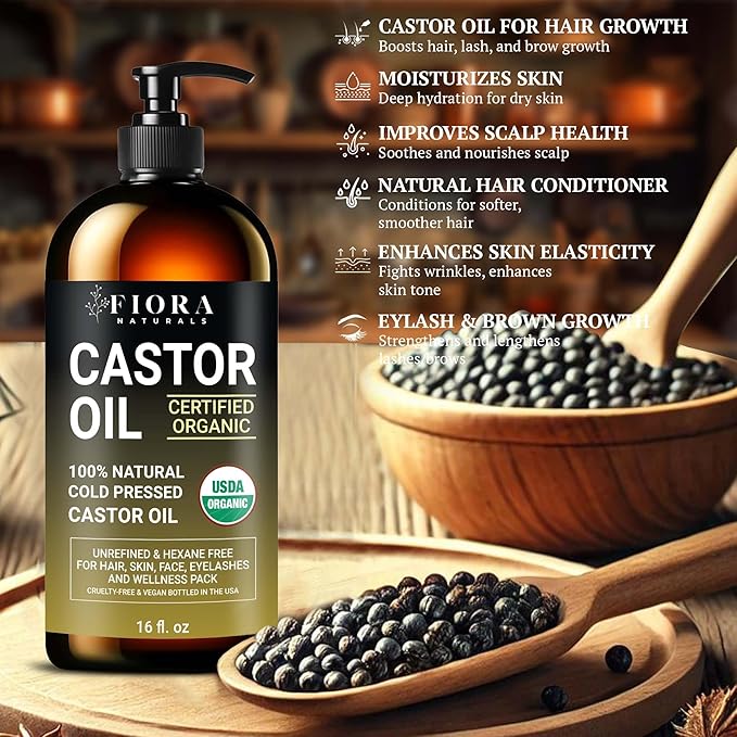 Organic Castor Oil in Glass Bottle – 16 Oz Cold Pressed & Hexane-Free – USDA Certified – Skin Moisturizer, Hair Growth Oil For Lashes, Brows, Skin & Scalp – with Pump
