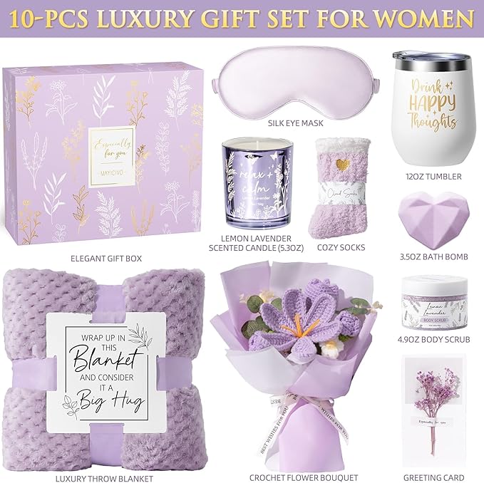 Mothers Day Birthday Gifts for Women Self Care Package Get Well Soon Gift Baskets, Thinking of You Sympathy Spa Gift Set w/ Crochet Flower Bouquet, Unique Gifts for Women Mom Sister Grandma Friends