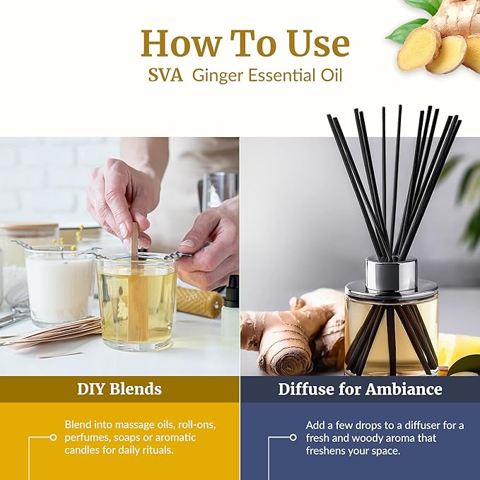 SVA Ginger Essential Oil – 4 Fl Oz – 100% Natural Ginger Oil - for Diffuser, Hair Care, Face, Skin Care, Aromatherapy, Scalp and Body Massage, Soap and Candle Making – with Dropper