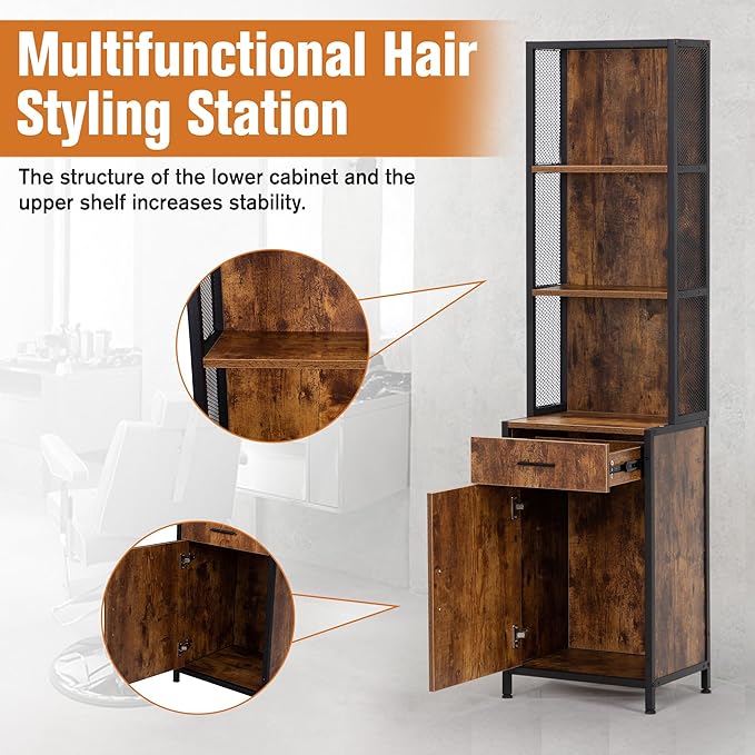 RESHABLE Industrial Salon Station with 3-Tier Storage Shelf, Cabinets and Storage for Hair Stylist, Beauty Spa Equipment, Rustic Brown