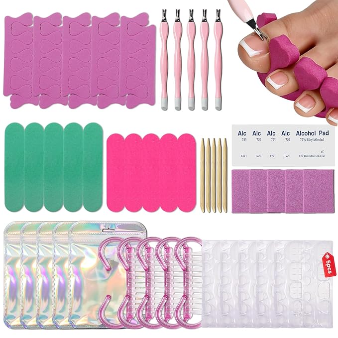 TADOPRO Press On Nail Tool Kit, Disposable Nail Prep Kit for Toenails Salon Home Nail Business Supplies with Toe Separators, Nail File, Handle Grip Nail Brush, Cuticle Trimmer Push(5pcs Set)