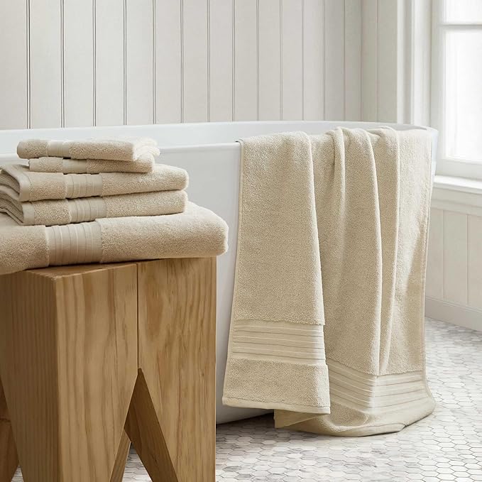Martha Stewart - Bath Towels, Soft & Absorbent 100% Cotton Towels, Plush 700 GSM, 6-Piece Bathroom Towel Set with Textured Dobby Weave (Skyland Manor Beige)