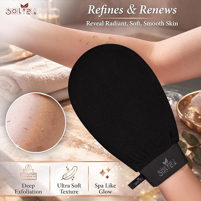 Exfoliating Gloves –100% Vegan Viscose Kessa Mitt for Dead Skin Removal, Self-Tan Fade, and Keratosis Pilaris – Dual-Texture Glove for Spa & Massage (2 Pack,Black/Orange)