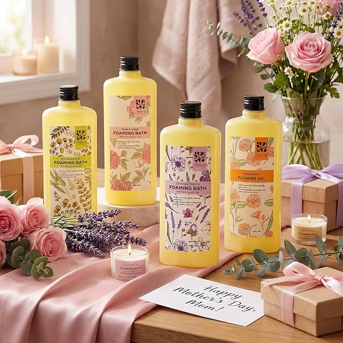 Serenity Sanctuary Bubble Bath for Women, Scented Gift Set for Adults, 51.2 fl oz (Pack of 4), with Shower Gel, Ladies Foaming Bath Variety, Mother's Day Gift for Mom, Christmas Gifts for Wife