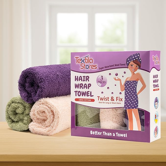 Textila 100% Cotton Hair Wrap Towels for Women (Pack of 3, Plum, Pink & Green) – Soft & Absorbent Turban Towels for Long, Curly, Frizz-Prone Hair