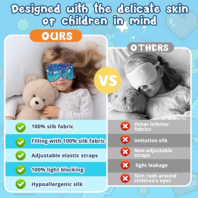 Kids Sleep Mask Eye Cover: 100% Real Natural Pure Silk Eye Mask with Adjustable Strap, Funny Blindfold Kids Eye Mask for Sleeping, Soft & Lightweight Eye Shade for Boys Girls Teens (Games Style)
