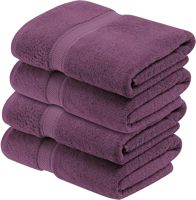 Superior Egyptian Cotton Pile Bath Towel Set of 4, Ultra Soft Luxury Towels, Thick Plush Essentials, Absorbent Heavyweight, Guest Bath, Hotel, Spa, Home Bathroom, Shower Basics, Plum