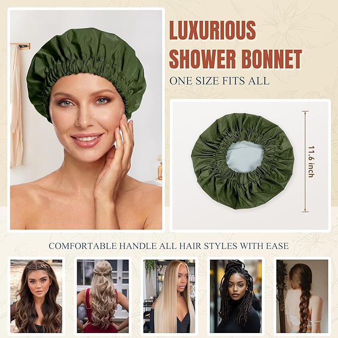 Reusable Shower Cap for Women, Large Waterproof Shower Bonnet with Elastic Band, Washable Bath Hair Cap for Long, Curly Hair, Braids, Daily Shower, Home Spa, Travel(Army Green)