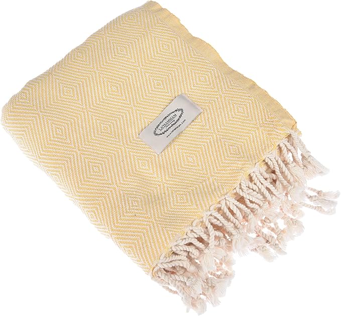 Personalized Embroidered Beach Towel | Throw Blanket, Easy Carry, Sand Free, Highly Absorbent, Quick Dry, Turkish Towels for Camping Bath Beach Gym Pool Yoga SPA by Lahammam, Mediterranean, Yellow