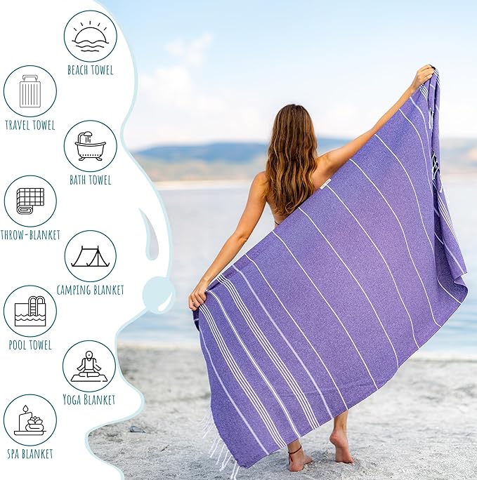 Ray Silver Turkish Beach Towel – 100% Cotton 40x71 Quick Dry Oversized Sand Free Lightweight Blanket for Travel Camping Bath Sauna Pool Gym Yoga (1pc - S-Purple)